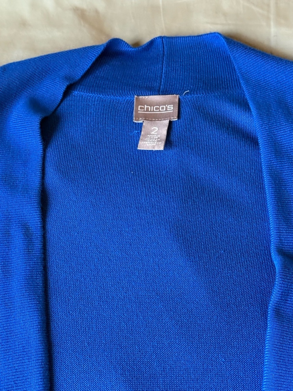 Chicos Size 2 L Long Open Cardigan Duster Lightweight Blue Tight Knit Comfy - Picture 10 of 13